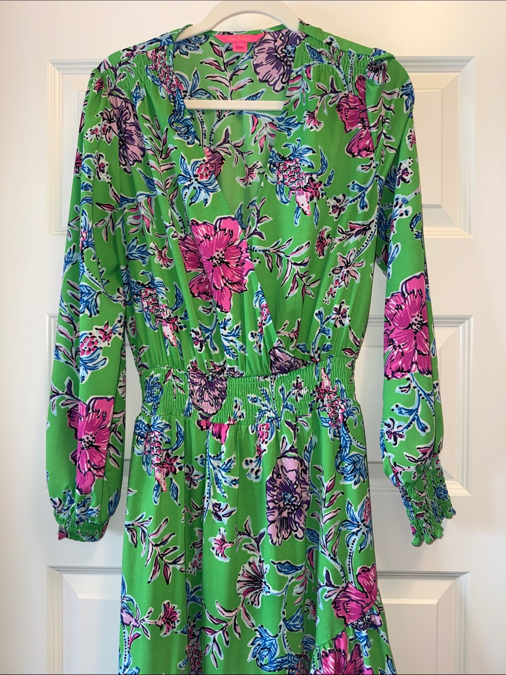 Lilly Pulitzer Bright Green Floral Midi Dress with Pink & Purple Flowers - Picture 4 of 5